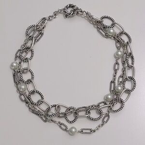 Silver Tone Necklace with White Beads